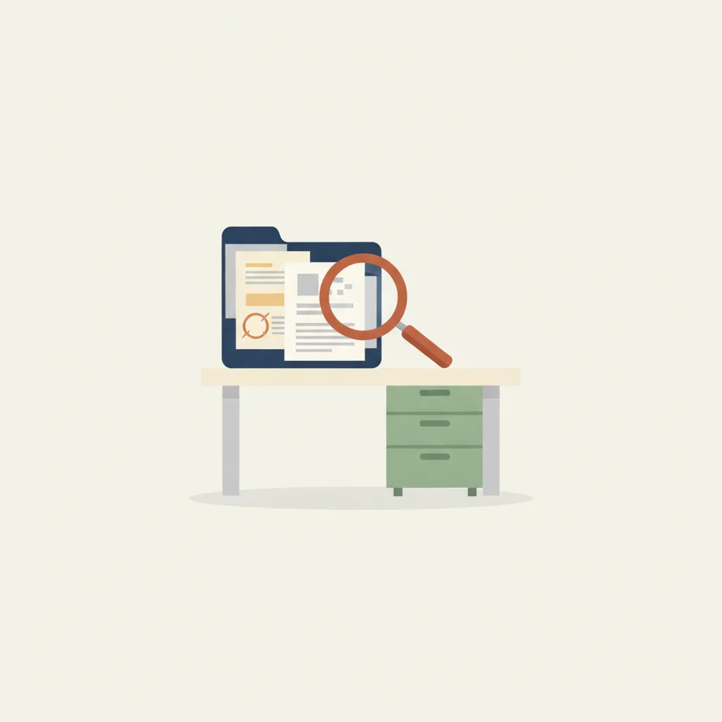 Illustration : dossier ouvert et loupe sur un bureau